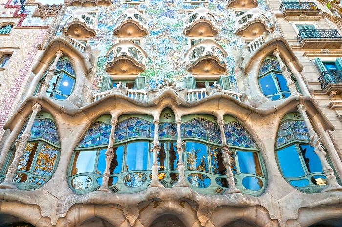 BARCELONA - DECEMBER 16: The facade of the house Casa Battlo (also could the house of bones) designed by Antoni Gaudi­ with his famous expressionistic style on December 16, 2011 Barcelona, Spain